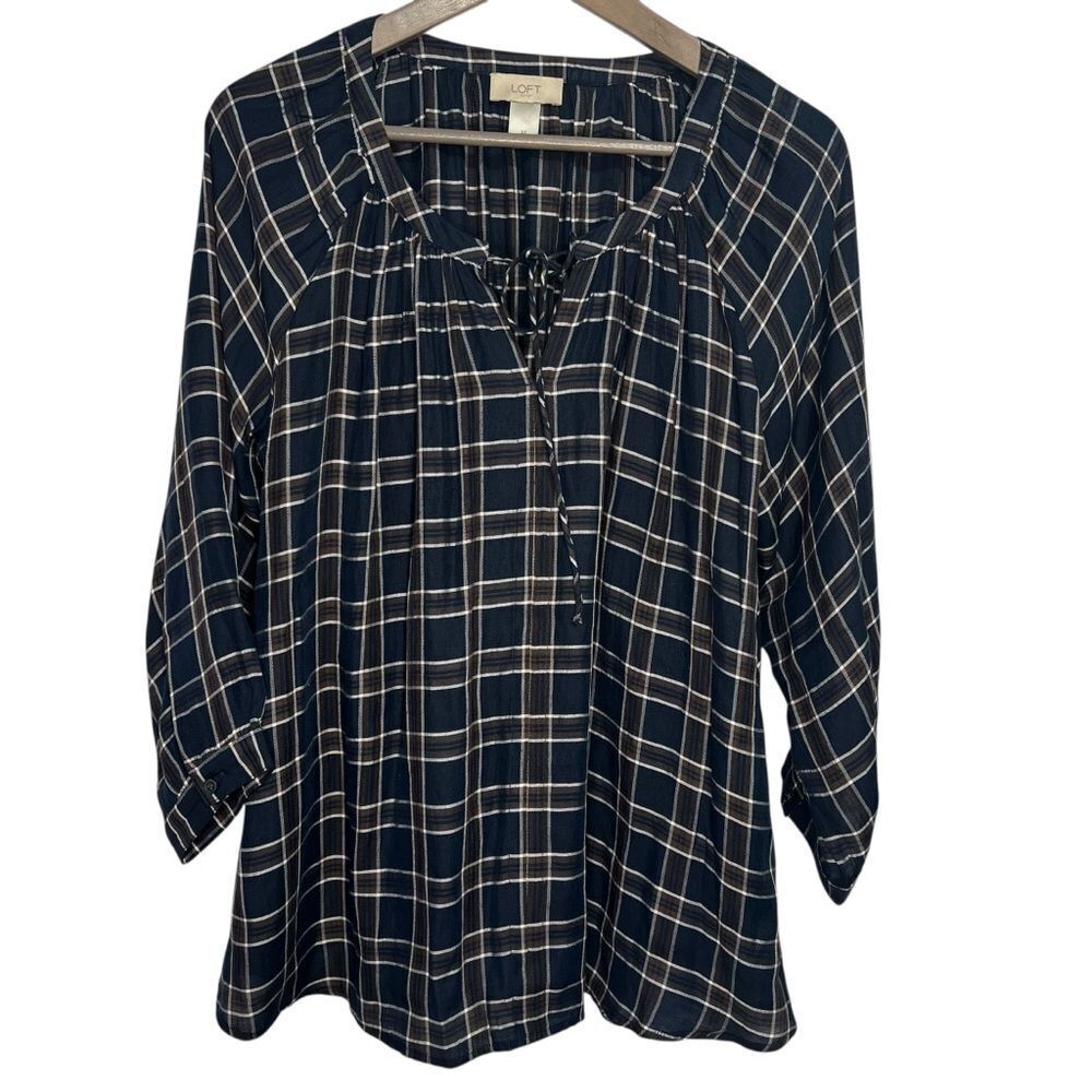 LOFT Plaid Popover Blouse size Medium Navy 3/4 Sleeve Oversized Flowy Top